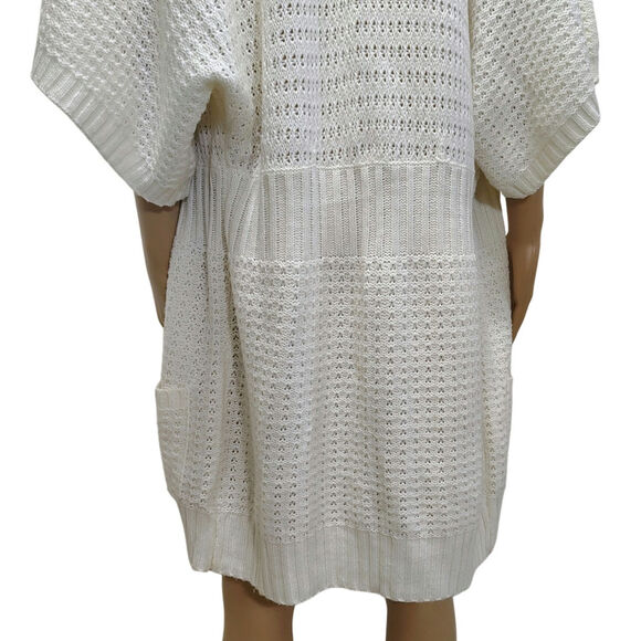 1990s Knit Wool Cardigan Cream Long Boho Open Front Short Sleeve Sweater Size L - Picture 8 of 10